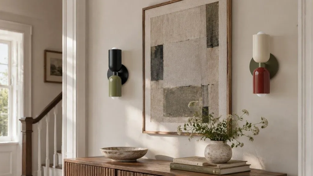Deux appliques Symra encadrant un tableau dans un couloir