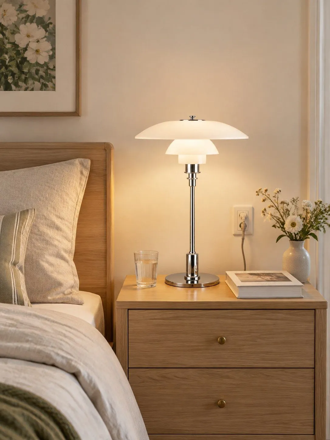 Lampe de table danoise blanc argent sur une table de chevet