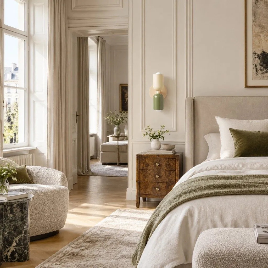 Symra vert et crème près d'un lit, éteinte