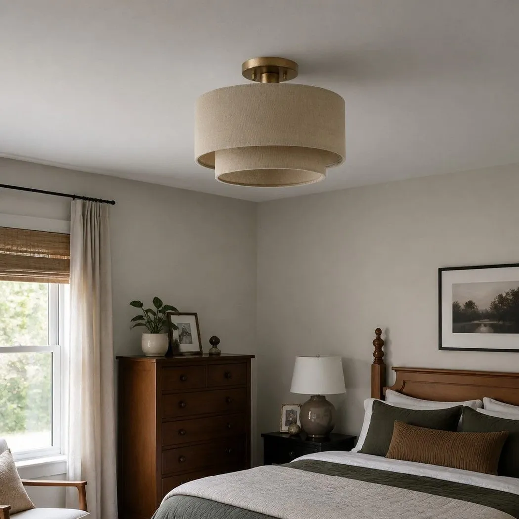 Lumeris Layered Linen Semi-Flush Mount Ceiling Light with Aged Brass Finish for Living Room