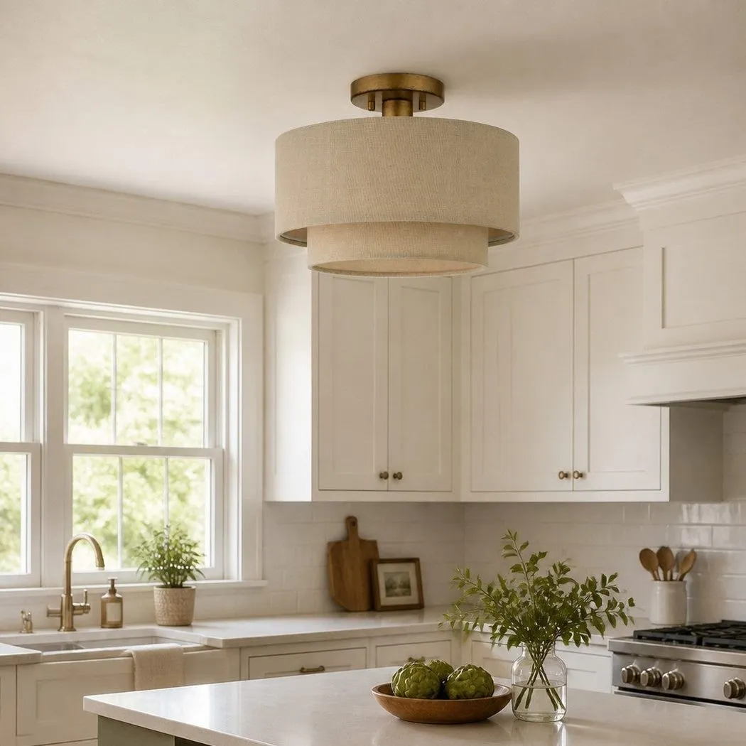 Lumeris Layered Linen Semi-Flush Mount Ceiling Light with Aged Brass Finish for Living Room